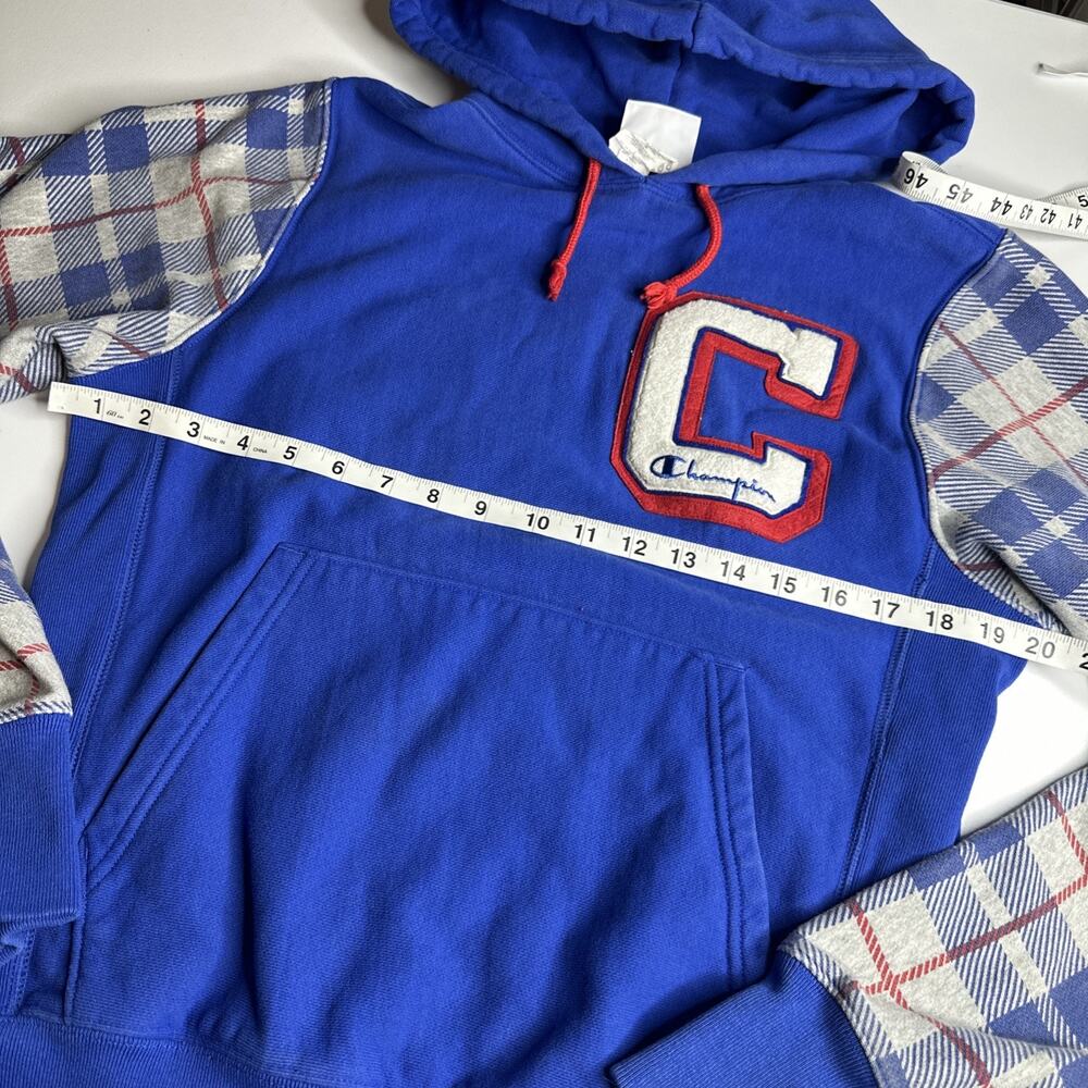 Vintage Champion Mens Small Reverse Weave Pullover Hoodie Pocket Blue Plaid - Picture 10 of 12